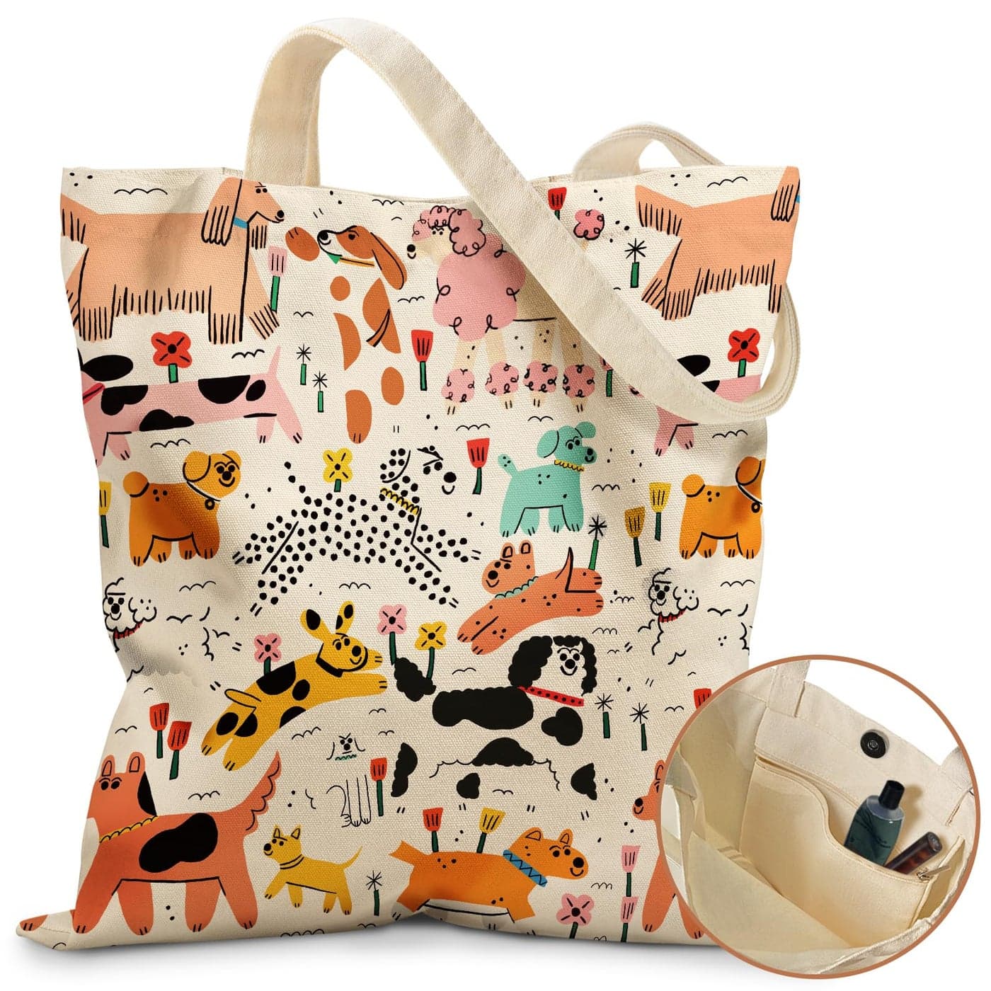 Miss Adola Aesthetic Dog Tote Bag with Magnetic Buckle and Zipper Inner Pocket for Women Lady Cloth Cotton Tote Bag for Gym Work Travel Library ShoppingDogs