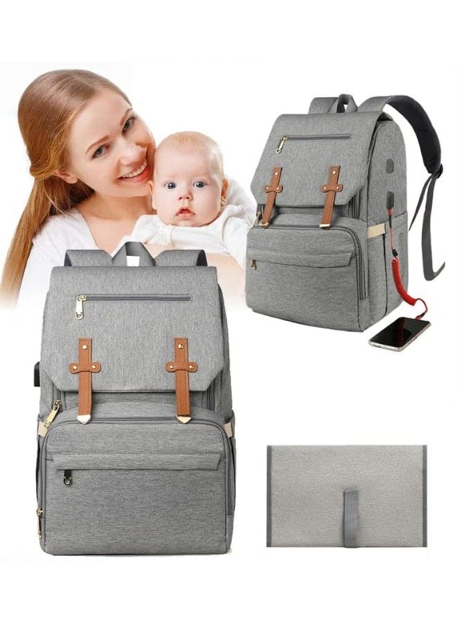 Large Baby Diaper Bag, Multifunctional Diapers Changing Backpacks, Waterproof Nappy/Nursing Bags, Fashion Mommy Backpack with Portable Change Mat and USB Charge Port, for Newborn Mother/Father