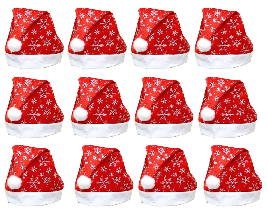 Evisha 12 Pcs Star Snow Flakes Print Christmas Caps Santa Caps Charistmas caps For Tree Decoration XMass Caps Hats Santa Caps Santa Claus Caps
