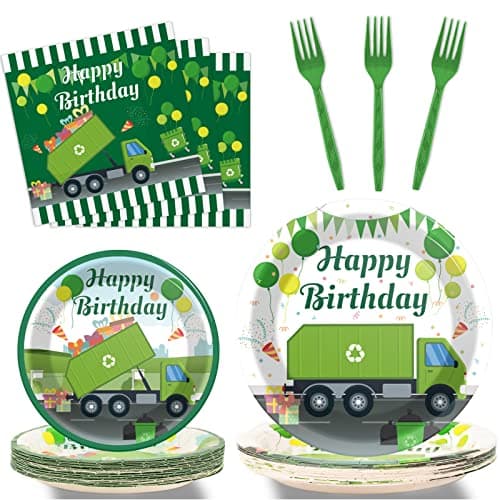 96 Pcs Garbage Truck Birthday Party Plates and Napkins Party Supplies Trash Trucks Party Tableware Set Waste Management Recycling Party Decorations Favors for Birthday Baby Shower for 24 Guests