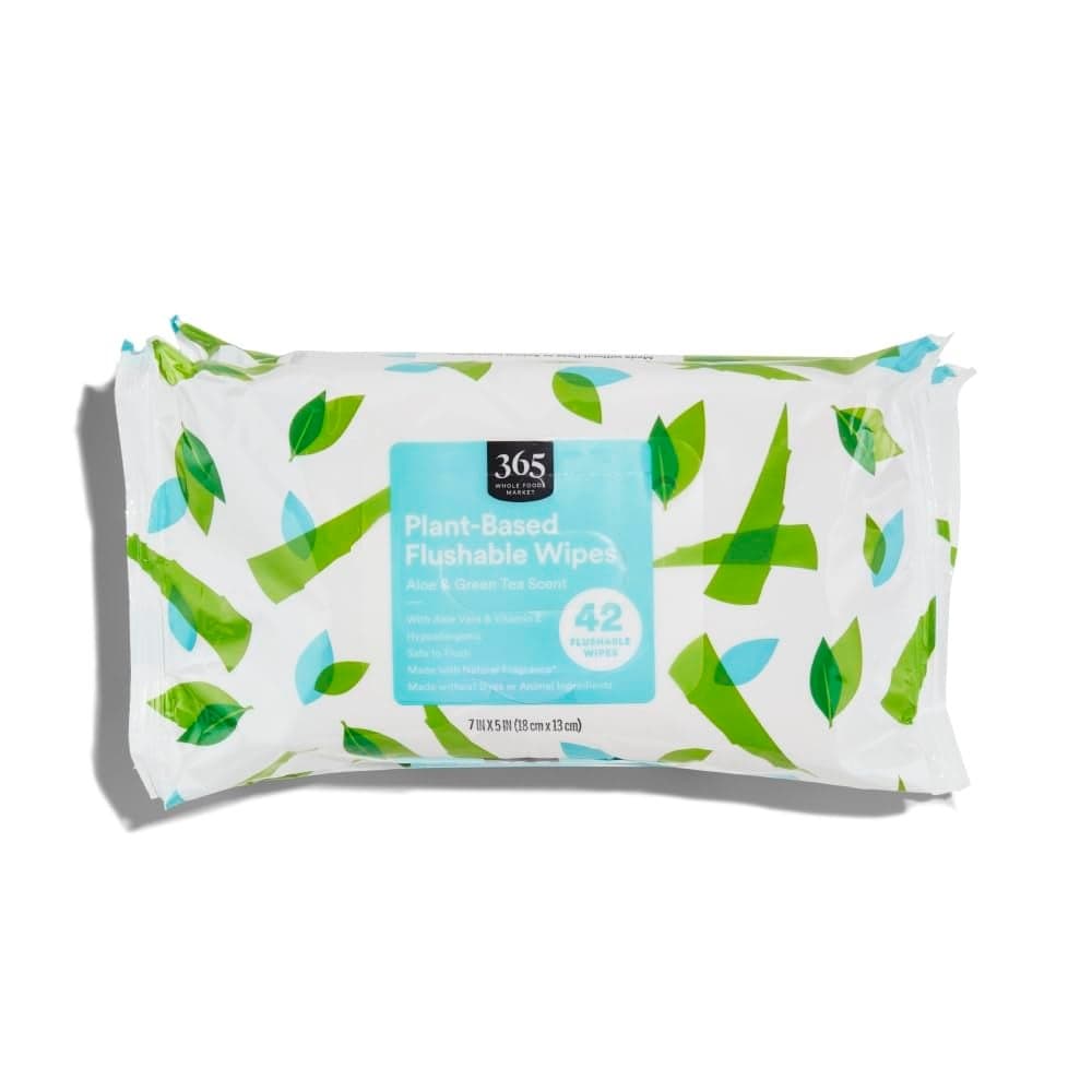 365 by Whole Foods Market PlantBased Flushable Wipes Aloe Green Tea Scent 42 Count Pack of 3