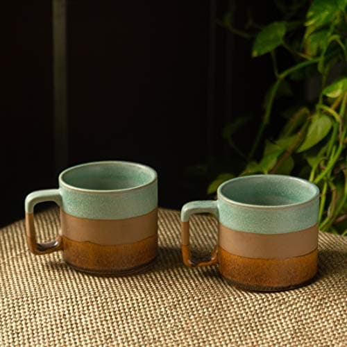 ExclusiveLane Ceramic Mugs Ceramic Coffee Mugs - Set of 2, Mint Green, Earthen Brown and Cinnamon Brown, 360ml