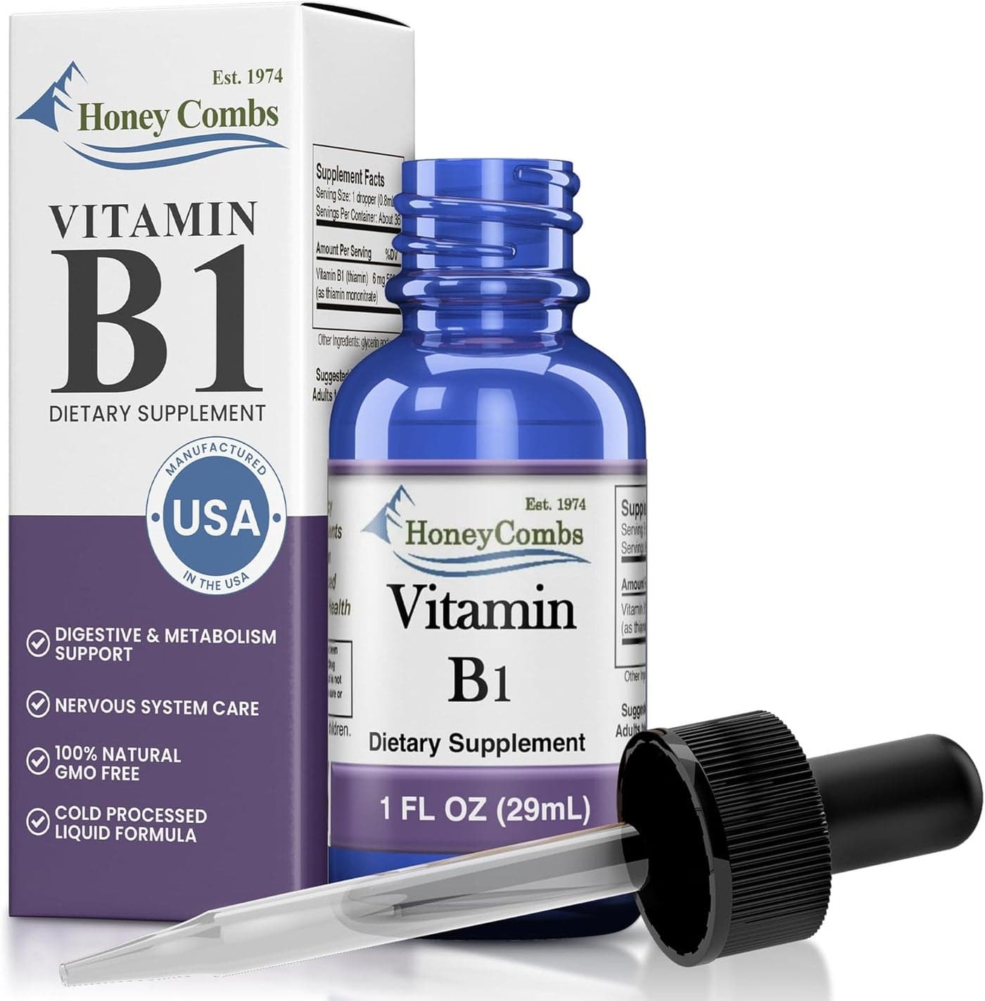 HoneyCombs Vitamin B1 Supplement Thiamine Liquid Drops High Potency Thiamine B1 Supplement for Men Women Maintain Nervous System Energy Overall Health Vegan Liquid B Vitamins 1 Fl oz