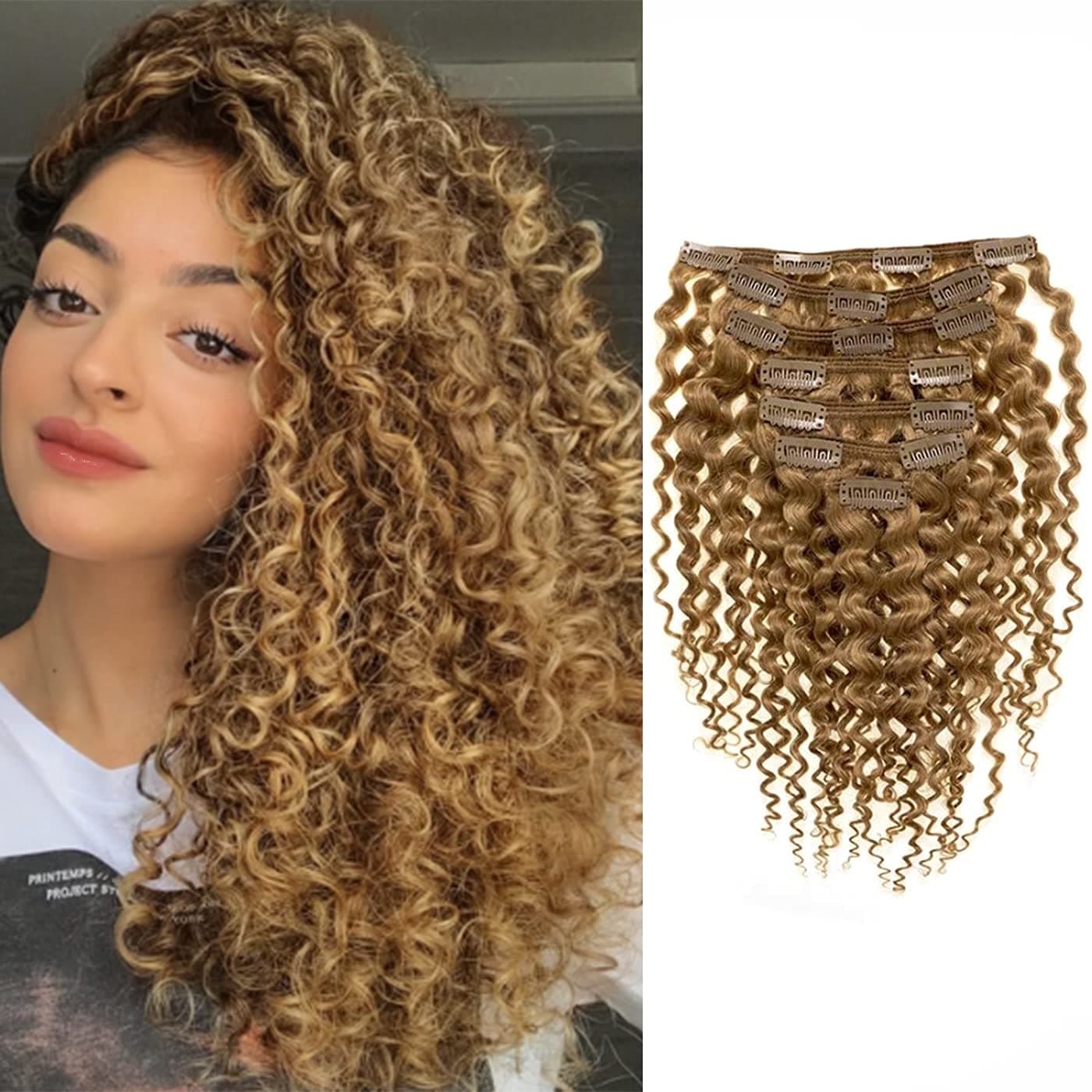 Loxxy 14 Inch Real Human Hair 3B 3C 27 Strawberry Blonde Color for Black Women Jerry Curly Clip in Human Hair Extensions Double Weft 120G 27