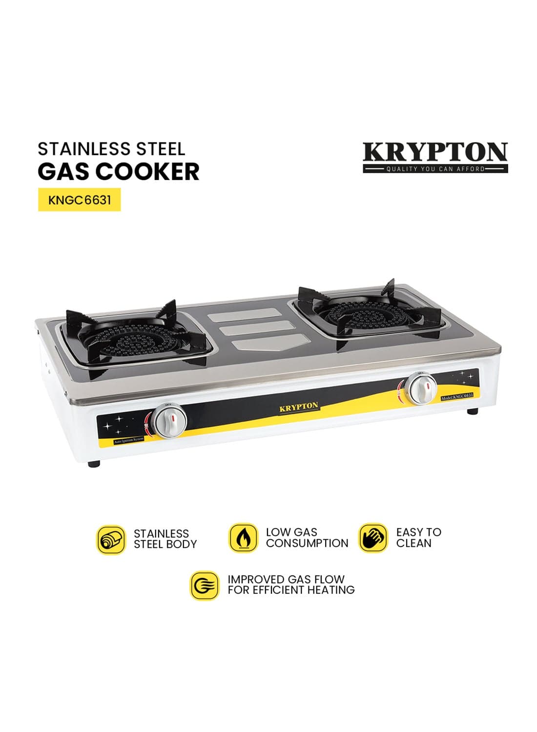 Stainless Steel Gas Cooker KNGC6613 | Double Burner | Auto-Piezo Ignition | Low Gas Consumption | Heavy Cast Iron Mixing Tube | 2 KNGC6613 Silver