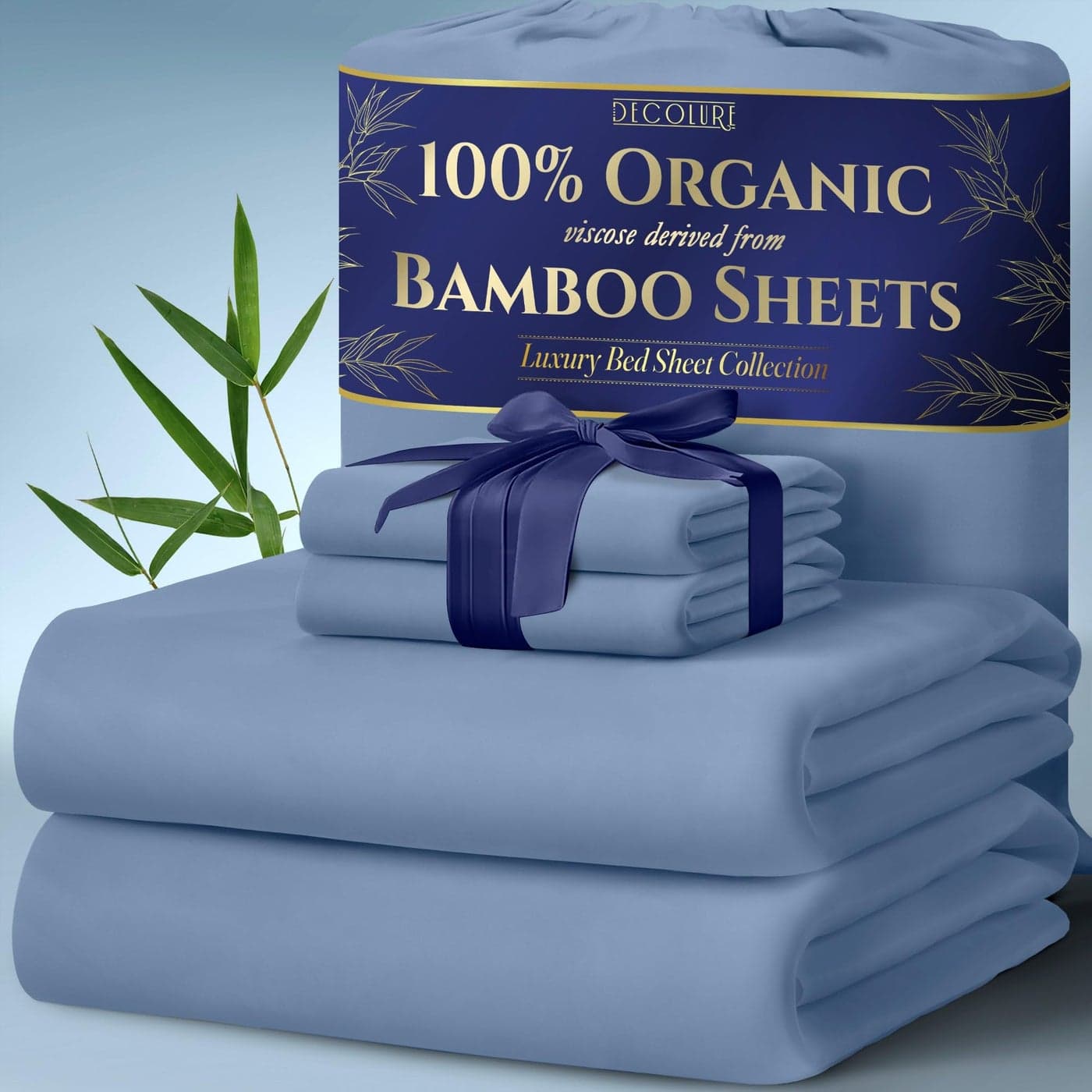 DECOLURE 100 Organic Viscose Derived from Bamboo Sheets Queen Size 4pcs Ultra Soft Luxuriously Cooling 17 Deep Pocket Double Stitching Perfect for Hot Sleepers Queen Bed Sheets Light Blue