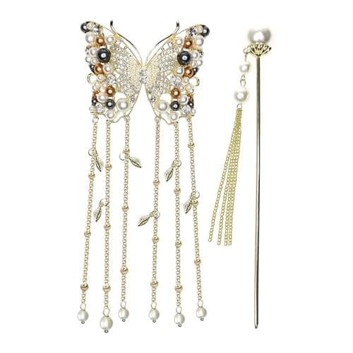 Sanas Pearl Rhinestones Metal Hair Stick Clip (1 Pc) Butterfly Tassel Long Chain Fork Headwear For Girls- Women Wedding Claw Clutcher Exclusive Fashion Head Ornament Korean Pin (1 Pc) (Multicolor)