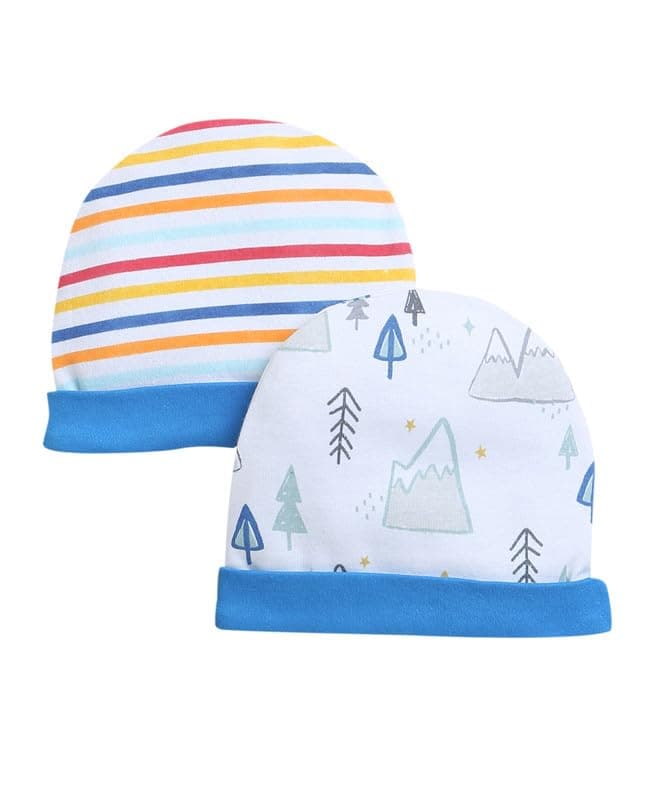 BUMZEE Blue & White Baby Boys Round Cap Pack of 2 Age - 0-3 Months (Peb9310B-blu.wht)