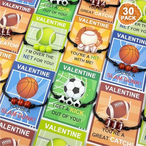 Sports Bracelet Valentines Day Gifts for Kids School Classroom30 Pack Adjustable Bracelets w Cards for Toddler Boy GirlValentine Non Candy Treats Party Favor Goodie Bag Stuffers Prizes for Class