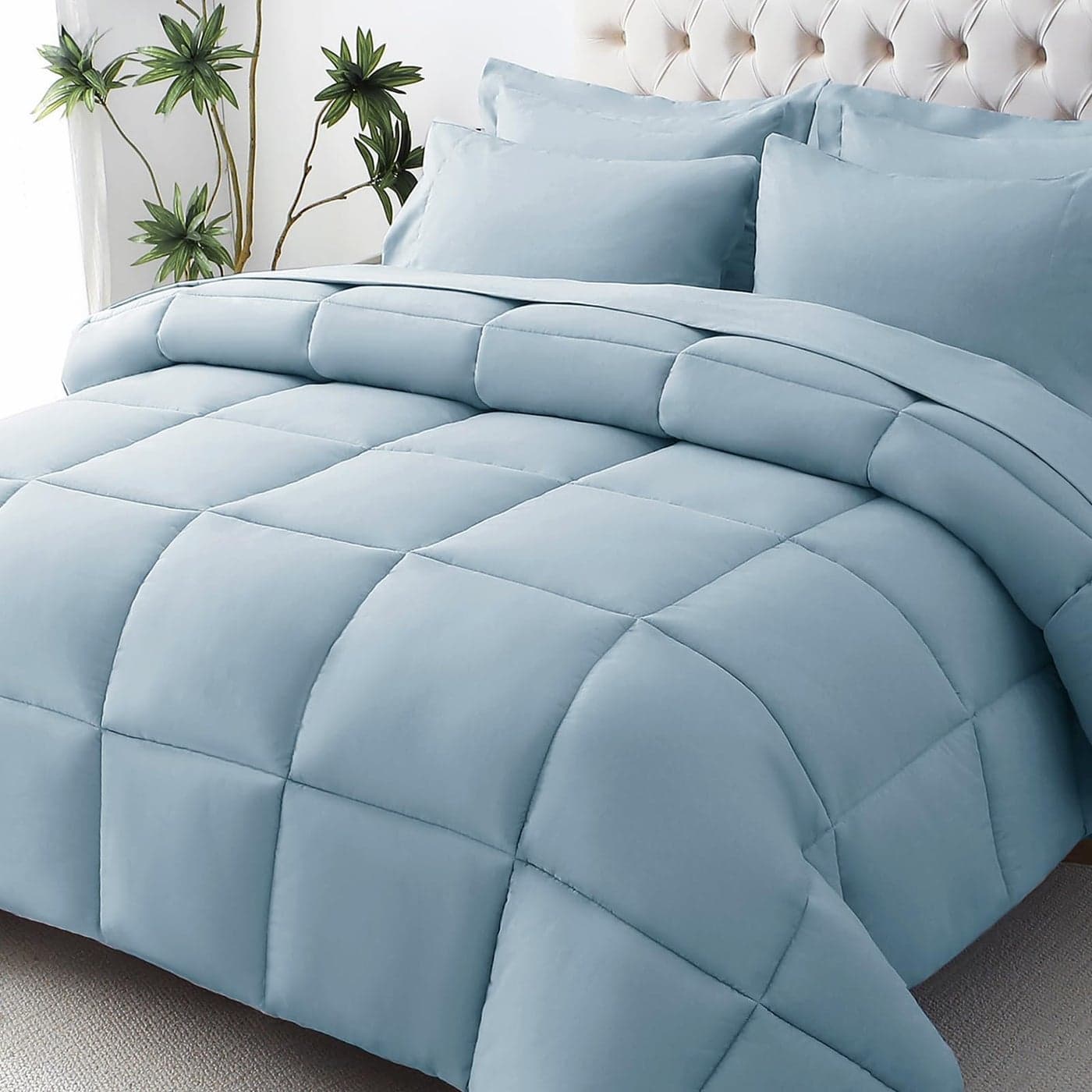 JOLLYVOGUE Queen Comforter Set UltraSoft Bed in a Bag Queen Size 7 Pieces OekoTEX Certified Bedding Set with Down Alternative Comforter Sheets Pillowcases Shams Lake Blue