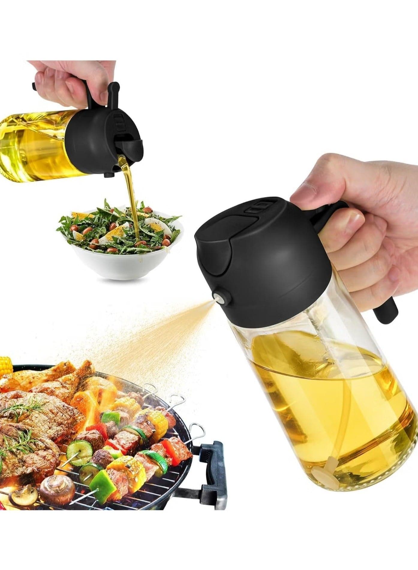Oil Spray Bottle 2 in 1 Oil Dispenser & Sprayer (16oz / 470ml) for Cooking, Salad, BBQ - Olive Oil Spray Bottle Large Capacity for Kitchen, Air Fryer, Baking, Grilling - with Handle (Black)