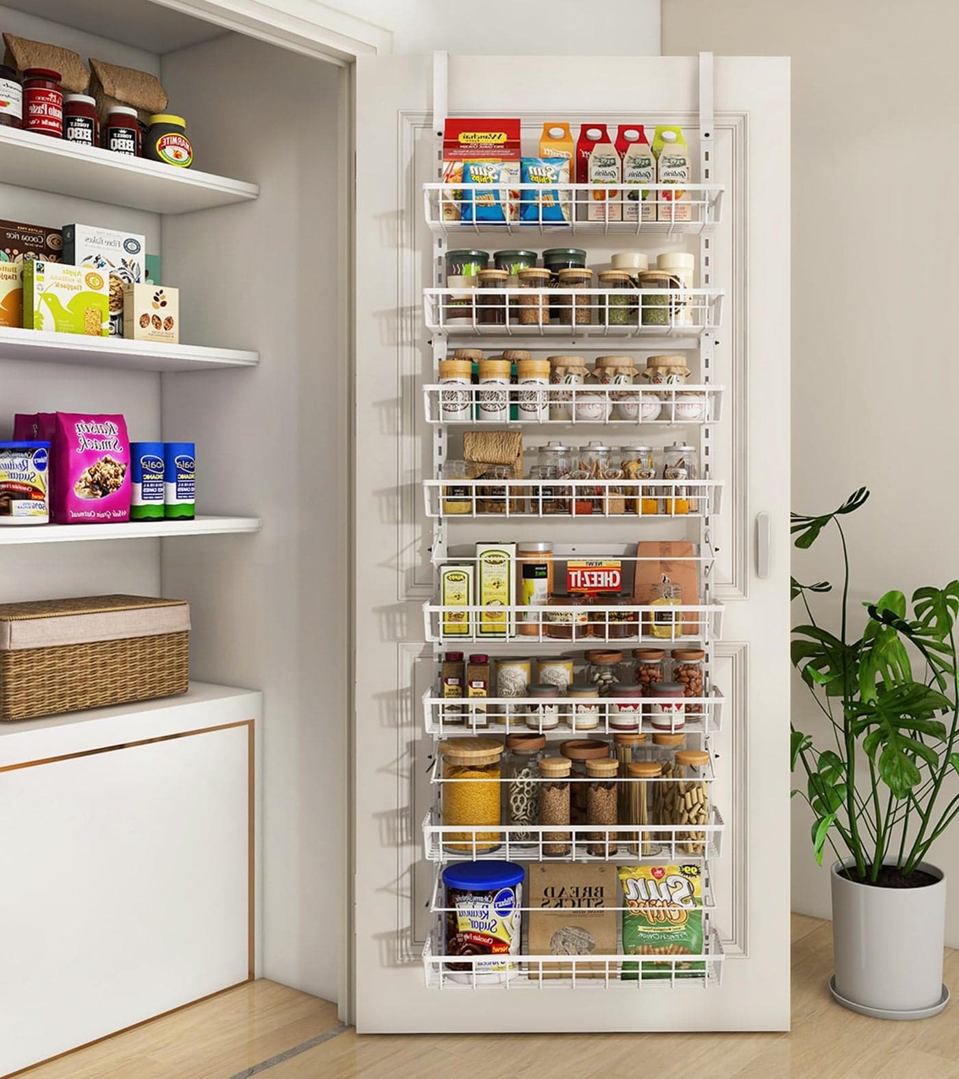 Mefirt Over The Door Pantry Organizer Wall Mount Spice Rack Pantry Hanging Storage and Organization 6 Adjustable Baskets HeavyDuty Metal for Home Kitchen Back of Door Seasoning Rack White
