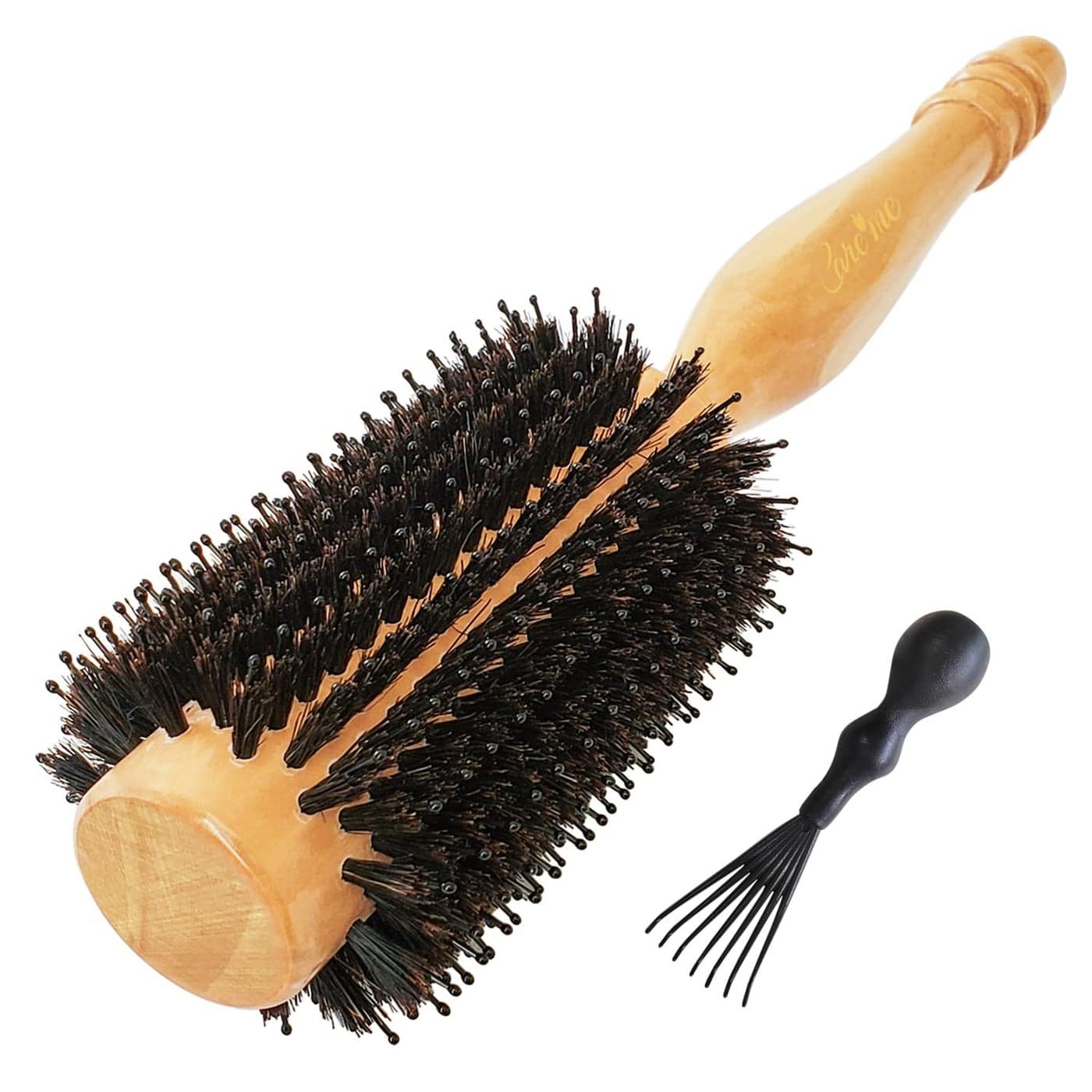 High-Density Soft Boar Bristles Wood Round Brush for Blow-Drying, Straightening, Styling, Volumizing Medium to Long Hair (Shoulder to Back-Length) for Shine & Volume, 1.2" Roller, 2.4" with Bristles