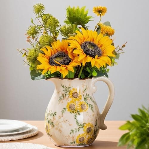 for Mom from Daughter or Son, Sunflower Vintage Ceramic Yellow Floral Pitcher Vase with Handle 7.9”, Rustic Farmhouse Chinoiserie Vase, Grandmillennial Decor for Living Room