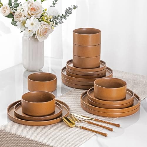 LERATIO Ceramic Dinnerware Sets for 6, High Edge Stoneware Plates and Bowls Set, Chip and Crack Resistant | Oven & Dishwasher & Microwave Safe Dishes Set, Service for 6