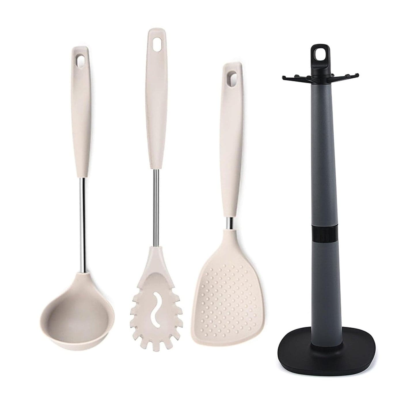 WOODTULA Dosa Ladle Silicone Spoon for Cooking Spagethi Server Pasta Fork Rice Server Skimmer Spoon for Frying Karandi Holder Ladles for Cooking Spatula Stand Karchi for Cooking Set of 4 Cream