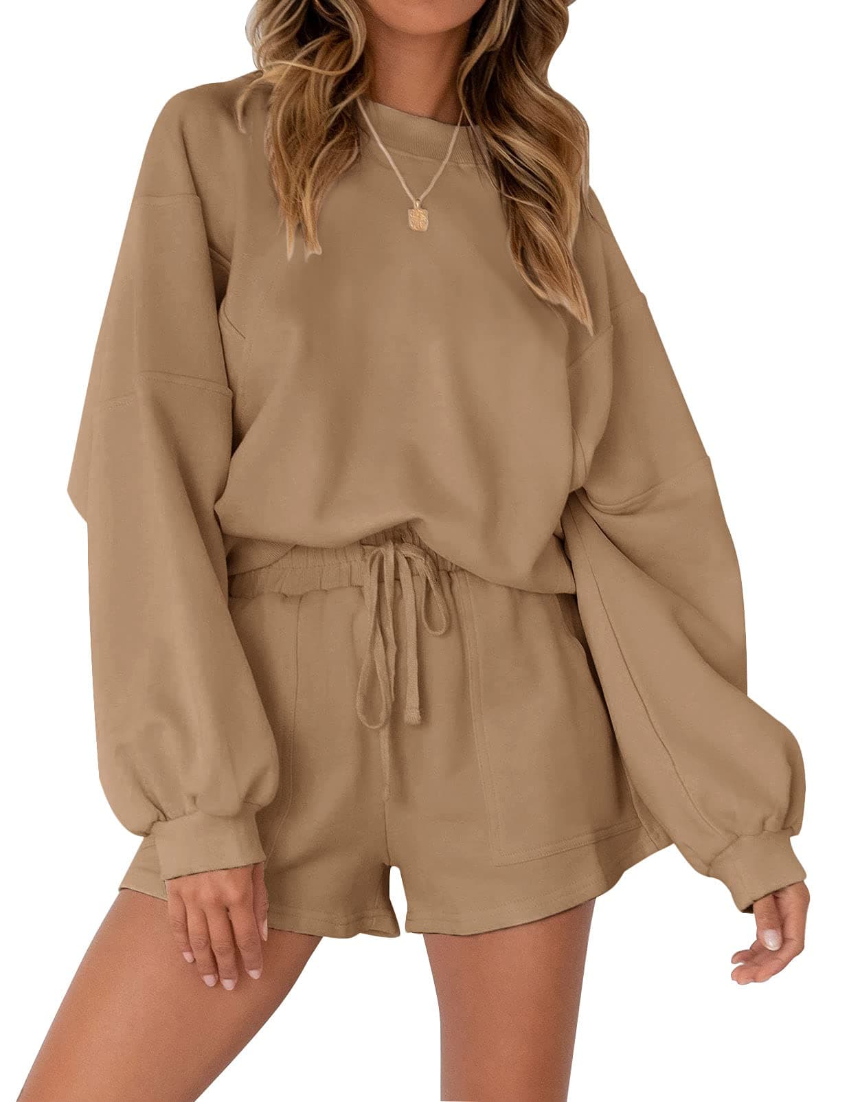 MEROKEETY Women's 2025 Fall Oversized Batwing Sleeve Lounge Sets Casual Top and Shorts 2 Piece Outfits Sweatsuit Khaki