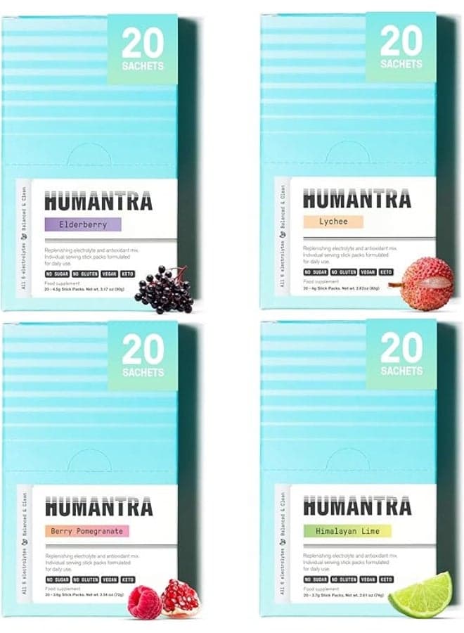 Humantra Hydration Packets | Zero Sugar Electrolyte Hydration Multiplier w/Essential Minerals, Boost Immune & Metabolic Functions | Electrolytes Powder (80 count, 4 Pack Bundle All Flavors)