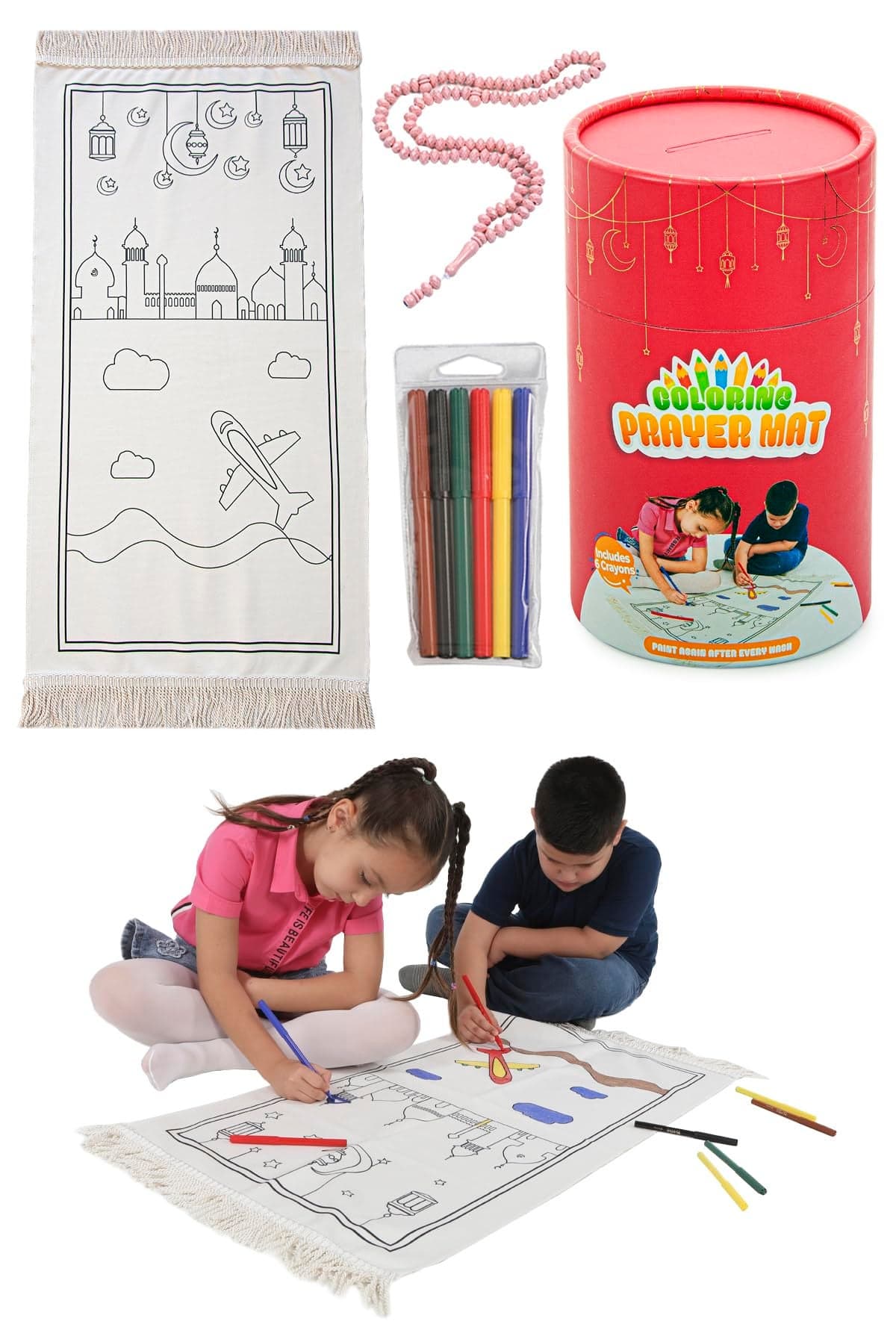 Ihvan Online Kids Prayer Mat Washable Painted Prayer Rug Colourful Marker Muslim Prayer Mala Beads Soft Salah Travel Mat Carpet Perfect Islamic Gift Red