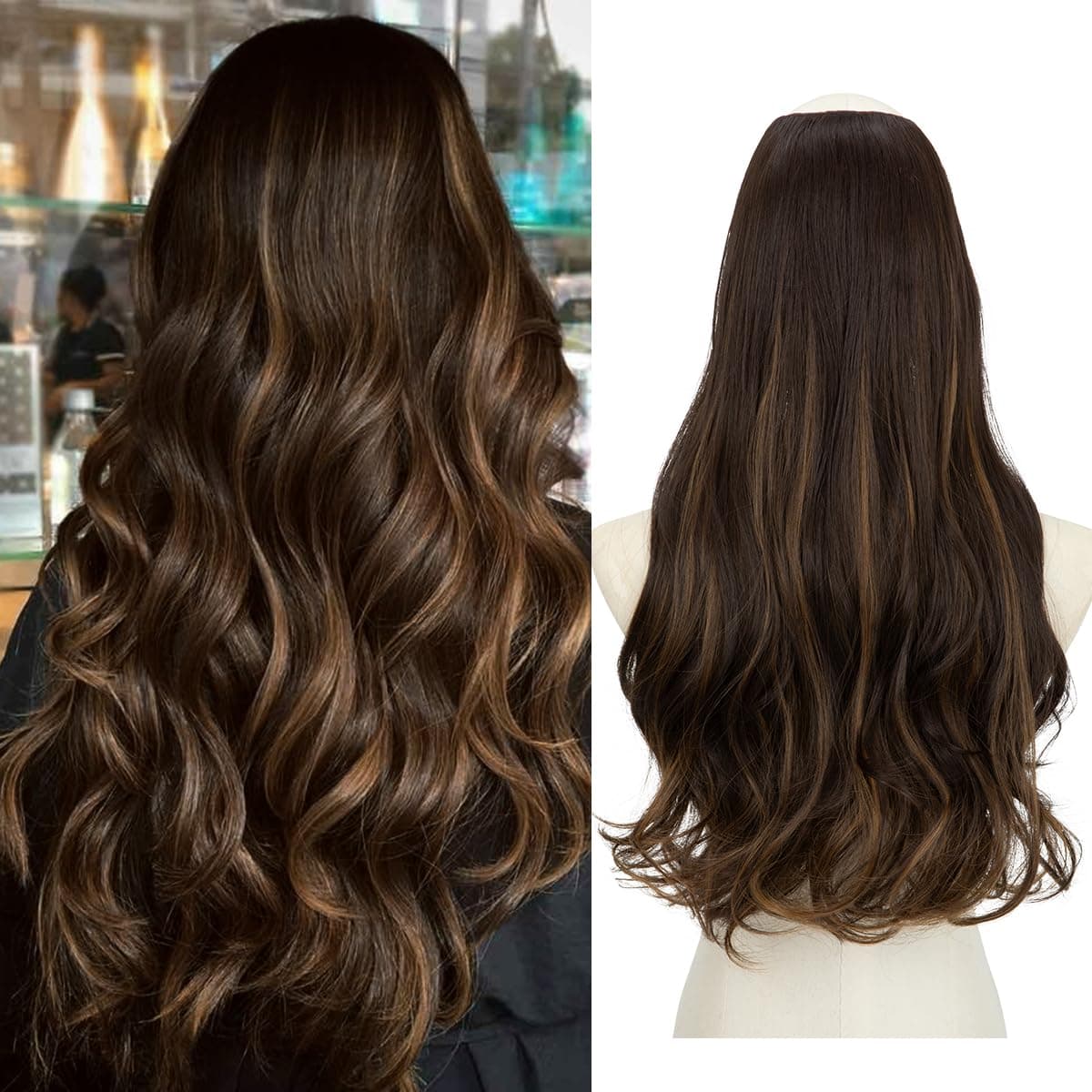 SARLA Clip in U Part Hair Extensions Synthetic Long Wavy Curly Thick Full Head Hairpiece for Women Dark BrownGolden Blonde Highlights 24 Inch