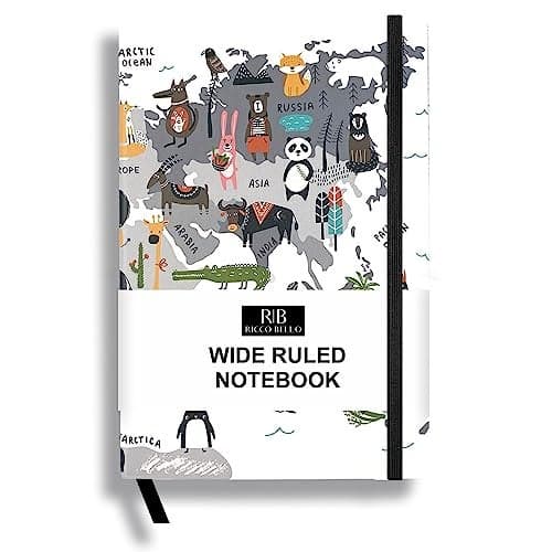 RICCO BELLO Wide Ruled Hardcover Diary Journal School Notebook for Kids, Tweens - Bookmark, Band Closure, Storage Pocket, 5.7 x 8.4 Inches, 192 Pages, (Animal World)