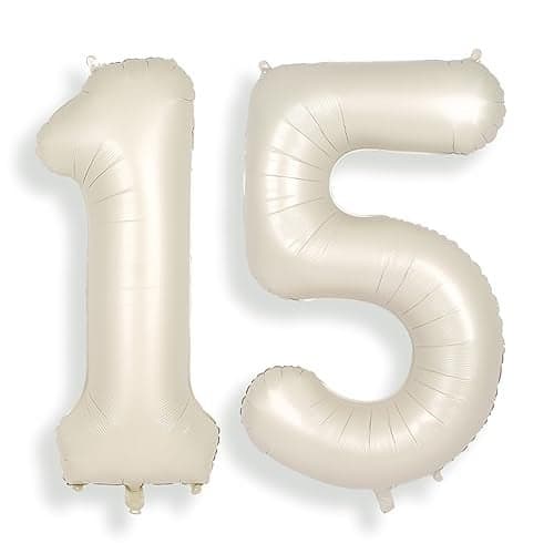 SUWEN 40 Inch Cream White Large 15 Number Balloons Big Foil Helium Number Balloons 09 Jumbo Happy 15th Mylar Birthday Party Decorations for Boy or Girl 51 Anniversary Party Supplies