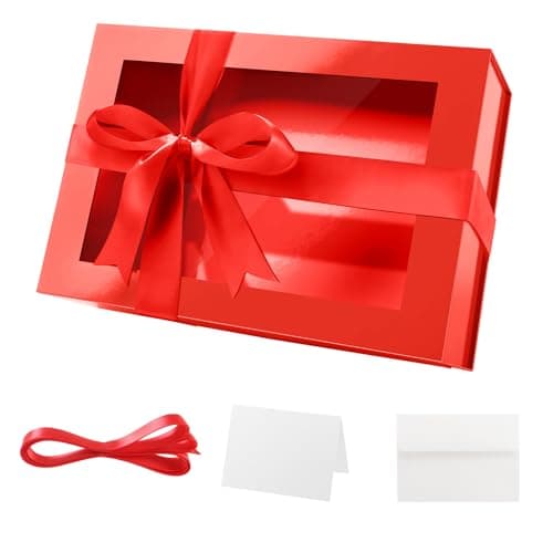 PACKQUEEN Large Red Gift Box with Window 135x9x41 Inches Clear Mothers Day Gift Box for Present Contains Ribbon Card Bridesmaid Proposal Box with Magnetic Lid Glossy Red