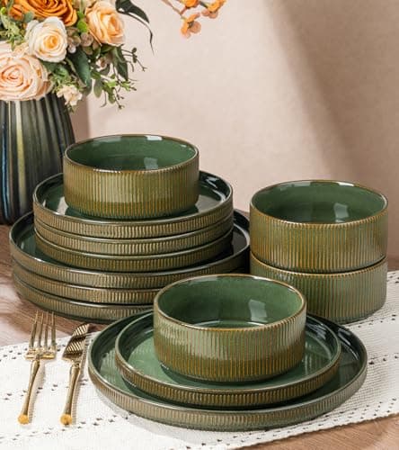 GBHOME Stoneware Dinnerware Sets for 4, 12 Pieces Ceramic Ribbed Plates and Bowls Set, Reactive Glaze Stackable Plate Sets, Scratch Resistant Dishes, Microwave & Dishwasher Safe, Sage Green