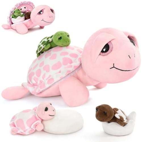 MorisMos Sea Turtle Stuffed Animal with Babies14 in Mommy Turtle with 3 Baby Turtles Toys 2 Plush Eggs inside Belly PouchBigEyed Stuffed Animal for Toddlers KidsPink Tortoise Gifts for Girls Boys
