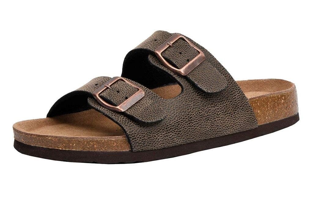CUSHIONAIRE Lane Cork Footbed Sandals for Women – Comfortable Double Buckle Slip-On with Genuine Suede Footbed & Arch Support Slides for Women Footwear, BROWN 8.5