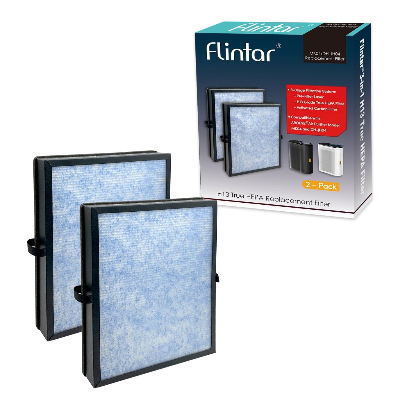 Flintar MK04 Replacement Filter Compatible with AROEVE Air Purifier MK04 MG04JH and DHJH04 H13 Grade Filtration 2Pack