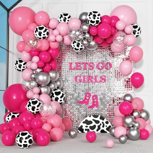 170Pcs Cowgirl Balloons Arch Garland Kit Hot Pink Silver Cow Print Balloons for Last Rodeo Bachelorette Western Lets Go Girl Cowgirl Baby Shower Birthday Disco Party Decorations Supplies