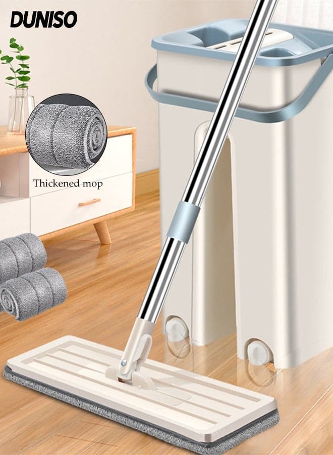 Mop and Bucket with Wringer Set,Hands Free Washing Flat Floor Mop and Bucket,360° Rotating Head Squeeze Flat Mop,with 2 Washable Microfiber Pads,Wet and Dry Use,for All Floor Types and Windows