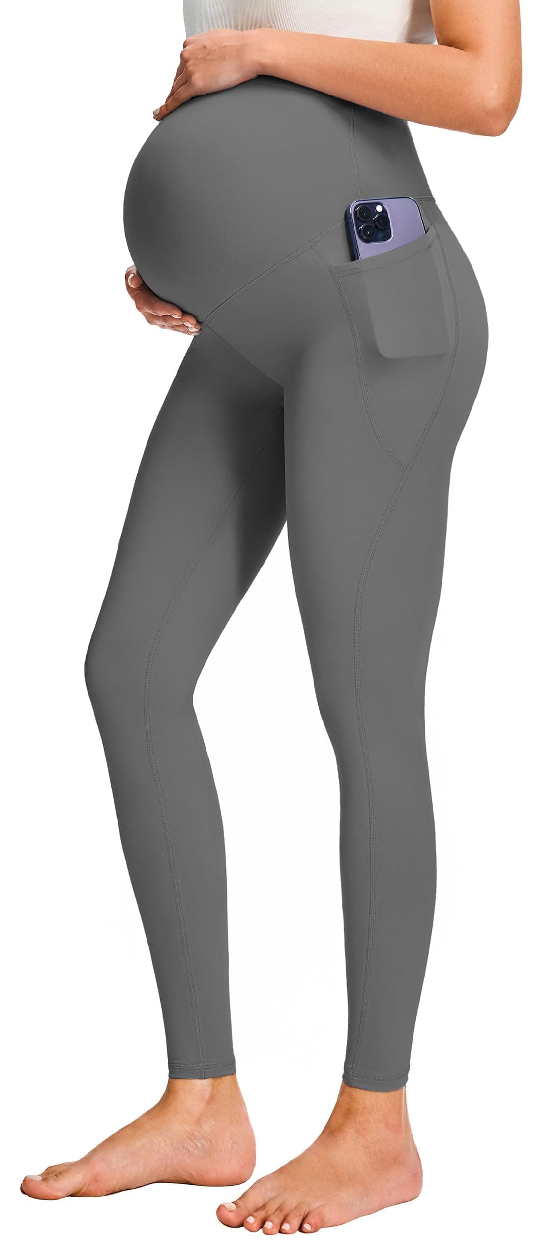 JOYSPELS Smooth Feeling Maternity Leggings Over The Belly with Pockets Workout Pregnancy Leggings Grey