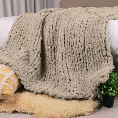 Carriediosa Chunky Knit Throw Blanket 60 X 80 Twin 100 Hand Made Large Chenille Loop Yarn Soft Fluffy Throws for Couch Sofa Bed Big Crochet Cozy Heavy Thick Cable Woven Blankets Taupe