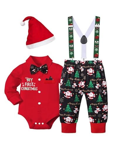 AGAPENG Baby Gentleman Red Romper with Bow Tie, Green Suspender Pants & Santa Hat - 9-12 Months Christmas Outfit