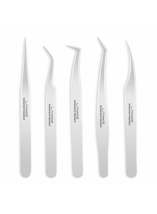 Eyelash Extension Tweezers Set 5 PCS for Volume Lash Extensions Stainless Steel Straight and Curved Tips Eyelash Tweezers for Extensions Isolation Fanning Applicator -Silver