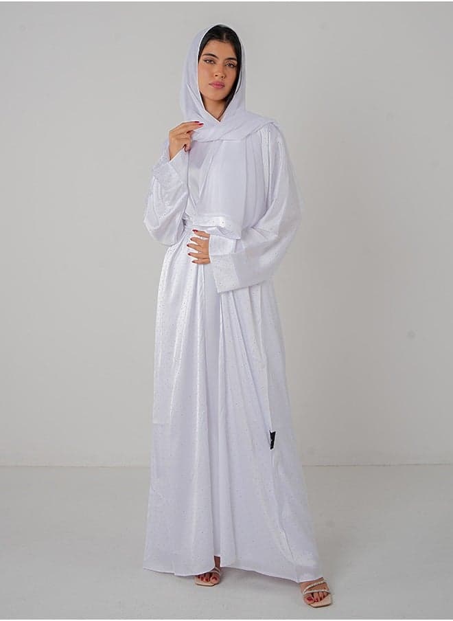 White Satin Bling Open Abaya 3 pieces Set