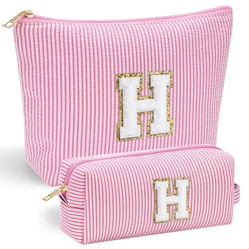 YOOLIFE Birthday Gifts for Girls - Personalized Initial Cute Pink Cosmetic Makeup Bag Pouch Make Up Bags Travel Toiletry Bag for Her Mom Girlfriend Wife Teacher 18th Birthday Gifts for Girls H