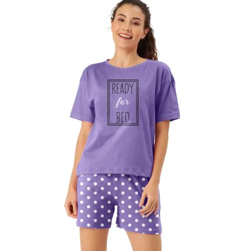 Hestia | Cotton Night Suit for Women | Night Wear Dress Set with Shorts and Tops & T-Shirt | Breathable Fabric | Shrink Free Night Dress Material | Time for Bed-Dot Printed | Purple | M | Set 1