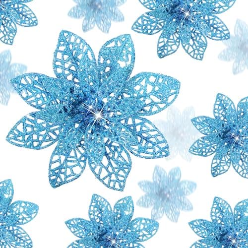 Boao Lake Blue 24 Pieces Poinsettia Flower Christmas Glitter Artificial Poinsettia with Clips Christmas Tree Ornament Decorations for DIY Xmas Wreath Holiday Home Party Decor 346 Inches