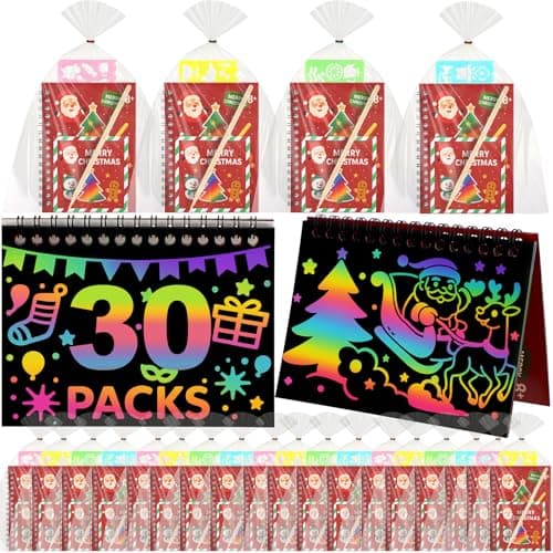 Feifeiya 30 Pack Christmas Scratch Art Party Favors for Kids Rainbow Notebook Birthday Goodie Bags Stuffers Kit Girls Boys Art Craft Pad for Christmas Gifts Classroom Prizes Teacher Supplies