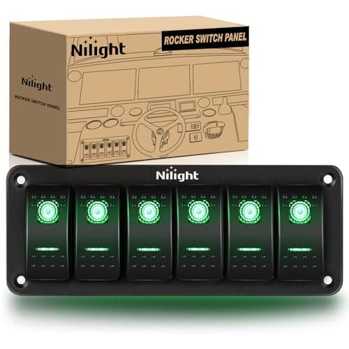 Nilight 6 Gang Rocker Switch Panel 5Pin On Off Toggle Aluminum Holder 12V 24V Dash Pre-Wired Green Backlit Switches for Automotive Cars Marine Boats RVs Truck