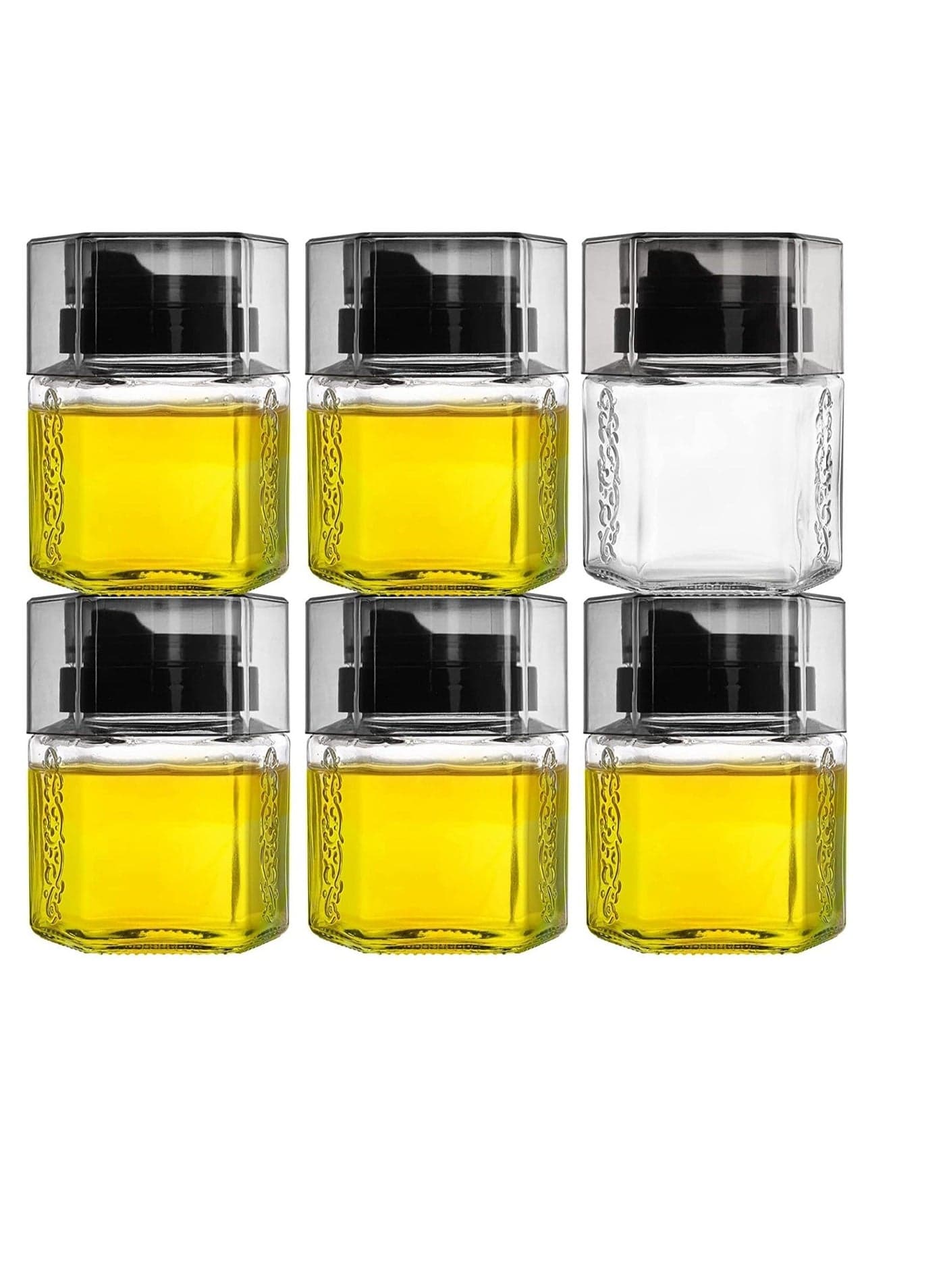 6 Pack Glass Honey Dispenser Oil Cruet, No Drip Olive and Vinegar Maple Syrup Jars Crystal Salad Dressing Container Bottle with Cap for Kitchen Soy Sauce 8.5Oz