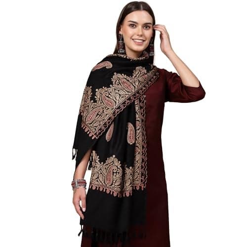 SWI WITH LABEL Women's Black Aari Embroidered Wool Stole_3336_Black