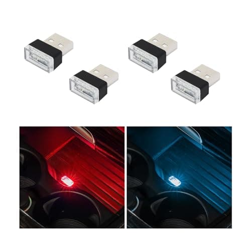 Augeny 4 PCS USB LED Car Interior Atmosphere Lamp Plugin USB Decor Night Light Portable Auto Ambient Lighting Kit Universal Vehicle Interior Accessories for Most Cars 2 Red2 Ice Blue