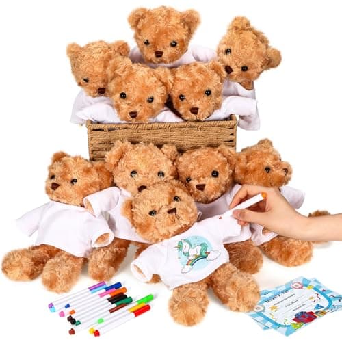 Blueweenly 40 Pcs Make Your Own Stuffed Bear Kit Craft DIY Plush Animal Gift 10 Pcs 984 Inches Rose Velvet Bear 10 White T Shirt 10 Set 12 Color Watercolor Pen 10 Paper CardBrown