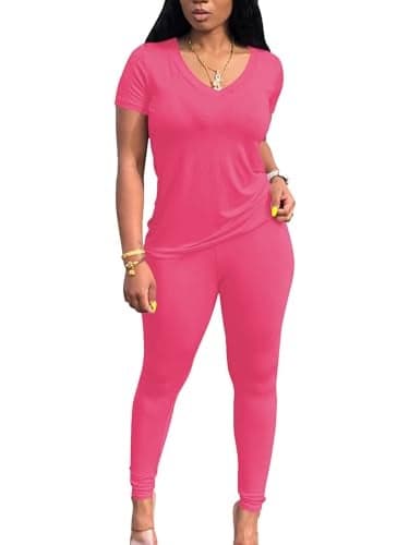 PINSV Lounge Sets for Women 2 Piece Summer Casual Jogger Workout Outfits Short Tops Long Pant Sweat suit leggings set L Rose Red