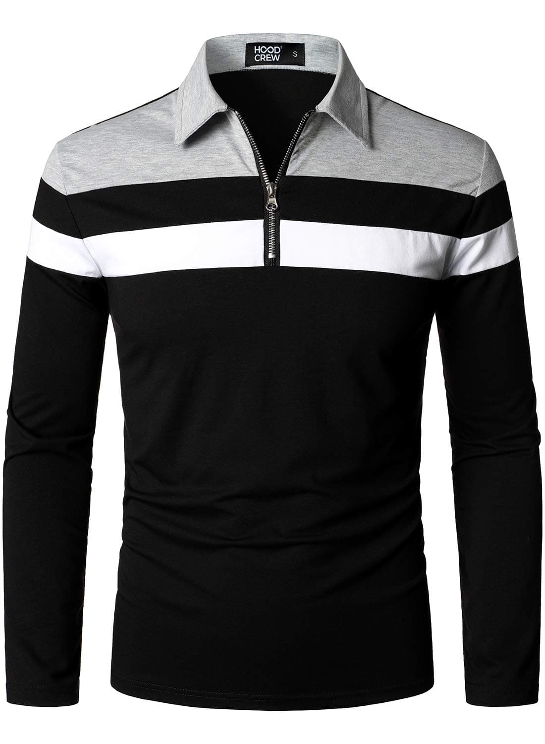 HOOD CREW Men’s Long Sleeve Polo Shirt Casual Slim Fit Shirts Contrast Color Patchwork T Shirts Cotton Tops Black M