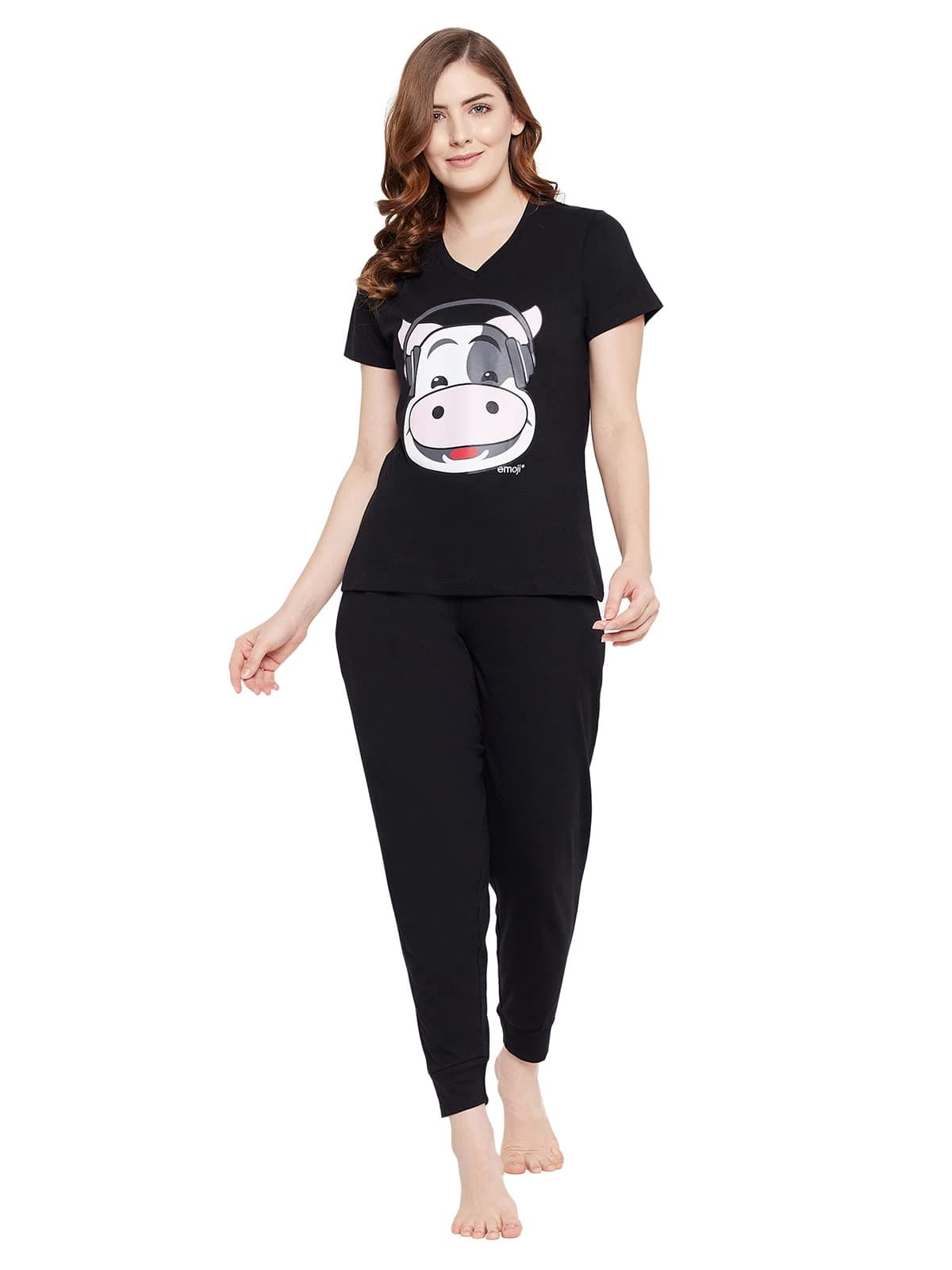 Clovia Women's Cotton Printed Top and Basic Pyjama Set (LS0557A13_Black_S)
